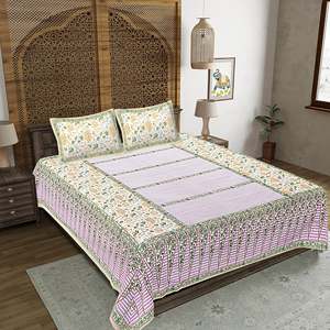 Green Floral Print 240 TC 100% Cotton Double Bed <b>Sheet</b> Set with 2 Pillow Covers <b>King</b> <b>Size</b> 3pc & 4pc Options Available (SHKV1034) - Product Image 1