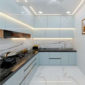 Armoires de cuisine en bois sans cadre avec revêtement en PET brillant, meubles de maison, style européen, design de porte en dalle, pour la vente en gros - Product Image 4