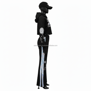 Survêtement noir pour femmes de qualité supérieure, polyester, élasthanne, polaire, 280 g/m², pantalon évasé, panneau latéral, logo par transfert thermique, survêtements grande taille - Product Image 3