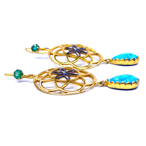 Usage quotidien 925 argent sterling plaqué or émeraude turquoise pierres précieuses classique élégant dames porter des boucles d'oreilles - Product Image 3