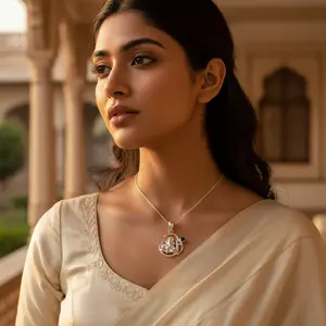 จี้พระพิฆเนศทอง 14K พร้อมสร้อยกล่องชุบโรเดียมประดับมรกต รูปทรงเพชรทรงคุชชั่น ลายเรขาคณิต เครื่องประดับสำหรับผู้หญิง - Product Image 3