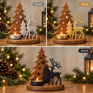 Porte-bougie de Noël en bois avec cerf et étoiles, décoration de table rustique pour les fêtes - Product Image 3