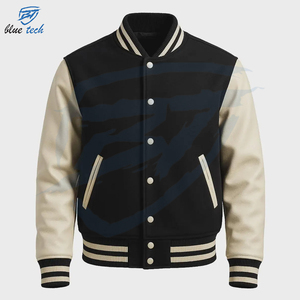 OEM Custom Logo Canvas Stand Collar Varsity <b>Jacket</b> with <b>Leather</b> Sleeve Embroidery Vintage Streetwear Style Quick Dry - Product Image 1