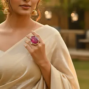 Silver Ruby Fashion <b>Ring</b> for Women Stylish Vintage <b>Statement</b> Gemstone Jewelry with Claw Inlay Technology Free Size - Product Image 3