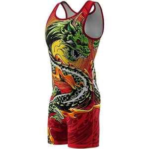 Singlet de Lucha Libre para Hombre con Estampado de Dragón, Rojo, Verde y Amarillo, Sublimado, Poliéster Transpirable, Estilo Pantalones Cortos para Adultos - Product Image 3