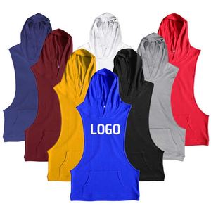New Polyester <b>Sleeveless</b> <b>Hoodie</b> Tank Top <b>Men</b> Fashion White Custom Logo Sports Gym Stringer Plain Hooded Tank Top - Product Image 6