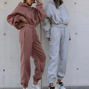 Conjunto de chándal de Jersey de algodón 100% para mujer, conjunto de 2 piezas con Top estampado y pantalones, trajes deportivos de Color sólido para invierno - Product Image 1