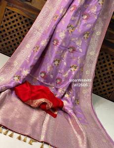 Sarees en soie de brocart à motifs floraux de couleur rose sur mesure, idéaux pour les créateurs de vêtements et les magasins de saree indien à revendre - Product Image 4