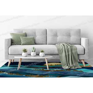 Alfombra de Lana con Diseño Tradicional de Paisaje de Montaña Azul, Ecológica, Sin Tejer, con Respaldo de Látex Suave - Product Image 3