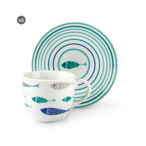 Juego de 6 tazas de café expreso de porcelana duradera con platillos de 9 cl, diseño azul de animales marinos, tema de mariscos, North Sea by Excelsa - Product Image 1