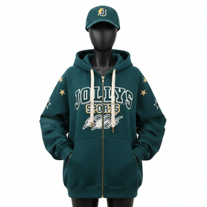 Women Zipper Hoodie Cotton Fleece <b>Fabric</b> Green Color Sleeve <b>Star</b> Panels Custom Logo Embroidery Applique zipper basics hoodies - Product Image 6