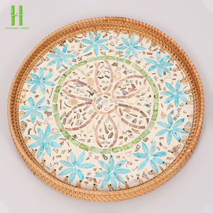Plateau de lit de petit déjeuner en bambou fait à la main de luxe plateau de service bohème taille personnalisée manche en bois écologique 350mm de diamètre portion de nourriture - Product Image 2
