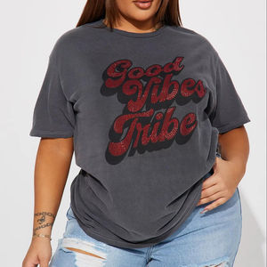 Épaule tombante de luxe de qualité supérieure DTG Imprimé Rein pierre broderie personnalisé imprimé T-shirts pour les femmes - Product Image 1