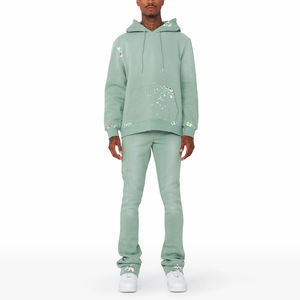 Ensemble de 2 pièces de survêtements évasés personnalisés pour hommes en coton brodé vieilli Patchwork pull Streetwear imprimé pour l'hiver - Product Image 1