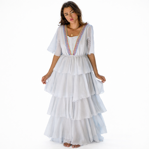 <b>White</b> Bohemian <b>Maxi</b> <b>Dress</b> with Handcrafted Colorful Beaded Neckline - Product Image 1