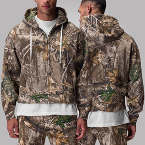 Sweat à capuche zippé pour homme, camouflage RealTree, hiver, 100% coton, molleton, coupe ample, écologique, veste imprimée élégante, devant - Product Image 1