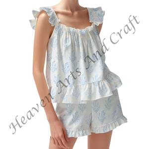 Conjunto de pijama de algodón con estampado de bloques a mano, pantalones cortos florales, manga con volantes, Primavera/Verano, conjunto de pijama con tiras y volantes - Product Image 1