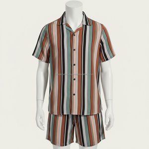 Conjunto de Pantalones Cortos a Rayas Personalizados para Hombre - Rayas Verticales Marrón y Verde Azulado, Conjunto Casual de Verano de 2 Piezas - Product Image 4