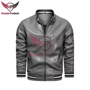 Blouson Bomber Homme en Cuir Véritable Gris, Col Montant, Manteau en Cuir de Vachette avec Bordure en Tricot Côtelé Rayé, Style Classique Personnalisé, Vêtement d'Extérieur Chaud pour l'Hiver - Product Image 2