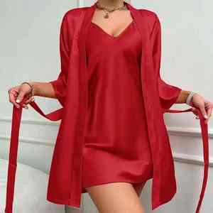 Women's Silk Satin Nightgown Set V-Neck Sleeveless Dress Quarters Sleeves <b>Elastic</b> <b>Waist</b> <b>Belt</b> Robe 2-Piece Female Sleepwear - Product Image 5