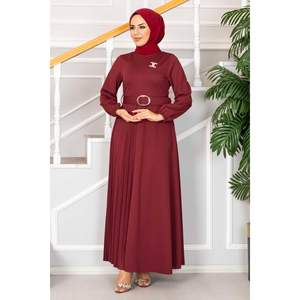 Vestido Hijab con cinturón Burdeos de Asmara estilo modesto con decoración de patrón - Product Image 4