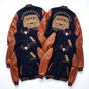 Chaqueta Letterman al por mayor, verde pino, cuerpo de lana, mangas de cuero crema, bordado de viaducto de montaña, abrigo universitario - Product Image 4