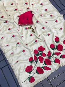 Sari en soie Rangoli doux pour femmes, broderie, travail de pallu magnifique, véritable travail de miroir, bordure découpée, fabriqué en Inde - Product Image 2