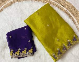 Gasa de defensa de tela con trabajo hecho a mano elegante y trabajo de secuencia elegante con borde C Pallu elegante y blusa de trabajo elegante perfecta - Product Image 4