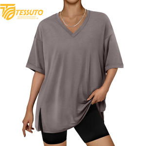 Camiseta básica de gran tamaño con logotipo estampado personalizado de peso pesado, camiseta de talla grande de alta calidad a la moda para mujer, Camiseta 100% de algodón con cuello en V - Product Image 5