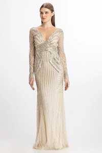 Robe de bal élégante de soirée florale Aline de luxe à manches longues brodée de paillettes perlées en forme de corps longue de haute qualité - Product Image 5