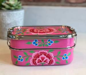 Boîte à lunch en acier peinte à la main, 3 étages, motif floral traditionnel jaune vif et bleu, disponible à prix de gros. - Product Image 5