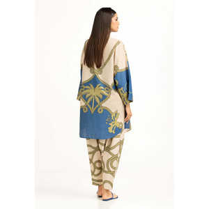 Conjunto de Dos Piezas para Mujer, Color Beige, Estampado, Estilo Casual, Tela Crepé, Largo hasta la Rodilla, Sin Cuello, Tres Cuartos, para Primavera/Verano - Product Image 1