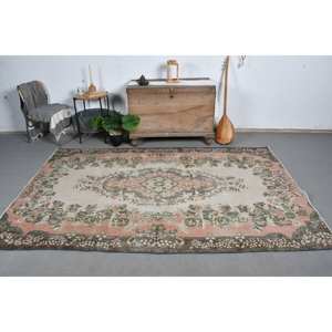 Alfombra de lana rosa y beige Vintage de 5,5x8,5 pies, diseño de retazos turco hecho a mano para adolescentes, Alfombra de pasillo a rayas, sala de estar de látex - Product Image 1