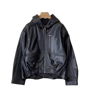 Veste coupe-vent en PU pour femme, style streetwear, fermeture éclair, coupe ample, capuche, en peau de mouton, décontractée, vêtements d'extérieur, hiver, nouvelle taille plus - Product Image 4