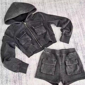 Customized Acid Wash Summer 2-Piece Tracksuit <b>Set</b> <b>Women's</b> Printed Short and T-Shirt Short Custom logo <b>Women</b> Zipper Hoodies <b>Set</b> - Product Image 4