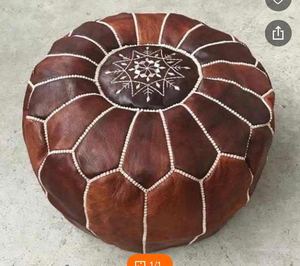 Funda de Puf de Cuero Genuino Hecha a Mano, Bordado Geométrico, Estilo Bohemio, Diseño Cosido, Decoración del Hogar, Cierre con Cordón - Product Image 3