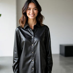 เสื้อหนังแกะแท้โอเวอร์ไซส์สำหรับผู้หญิง, เสื้อหนังแกะแท้ทรงหลวมมีกระเป๋าสองชั้นวางไหล่สไตล์วินเทจ - Product Image 6