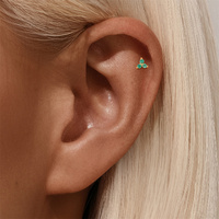 Pendientes de Piercing de Plata S925 con Calcedonia Verde de Cuatro Puntas de 2mm 3mm 4mm en Forma de Triángulo de Pétalo con Parte Trasera Plana y Baño de Oro