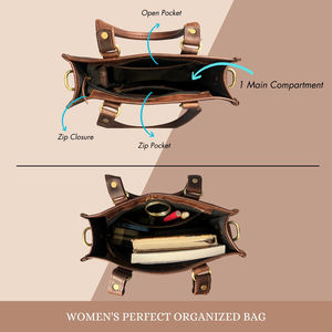 Fourre-tout en cuir véritable marron pour femmes, léger et durable, avec fermeture à glissière et double sangles. - Product Image 3