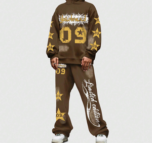 Chándal con estampado personalizado de letras y figuras para hombre, Sudadera con capucha y estampado DTG, pantalones acampanados, conjunto informal de 2 piezas - Product Image 3