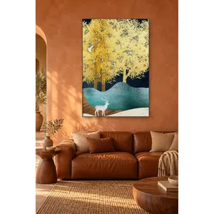 Impression sur toile Fida avec des arbres dorés et des cerfs blancs sur fond clair - Product Image 2