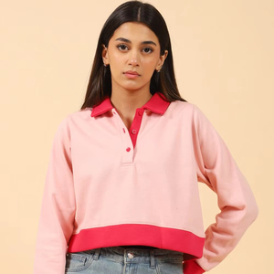 Sweat-shirt à col en molleton de coton patchwork décontracté pour femmes, style européen et américain tendance, hiver 2025 - Product Image 1