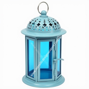 Linterna de metal hexagonal azul cielo con recortes de estrellas y paneles de vidrio Portavelas elegante hecho a mano para cualquier ocasión - Product Image 5