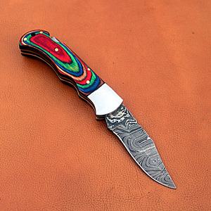 Handmade Custom Damascus Steel Folding Pocket <b>Knife</b> Leather <b>Sheath</b> Pakka Wood Handle High Durability Trailing Point Blade - Product Image 3