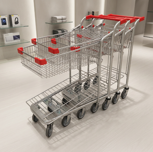 Steel Four-<b>Wheel</b> Mesh Folding <b>Shopping</b> <b>Trolley</b> Cargo Hand Cart with Red Grip Handle OEM <b>for</b> Retail Warehouse Transport - Product Image 1