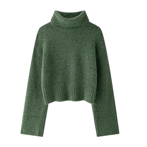 Suéter de punto verde suave para mujer, cuello alto, manga larga, adornos acanalados, estilo informal transpirable para otoño e invierno, jerséis cálidos - Product Image 1