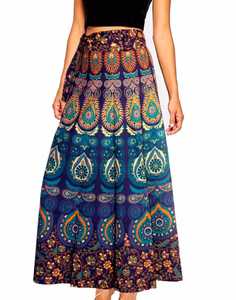 Majestic Jupe imprimée en coton satiné bleu clair pour femme décontractée avec taille élastique et jupe brodée - Product Image 1