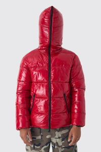 Best Selling Zip Hood Canvas High Shine Puffer <b>Jacket</b> <b>Red</b> Windproof Warm Winter New Style Quilted Bubble Fur Men's - Product Image 2