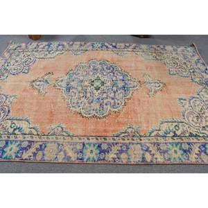 Tapis turc vintage 5.7x9 pieds Orange bleu motif laine et latex tissé plat grande surface pour les décorations de salon - Product Image 3