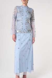 Sky Blue Evening Gown with Full Sleeves Maxi-Length and O-Neck Hand <b>Embroidered</b> Plus Size Formal Wear Anti-Static Dress - Product Image 2